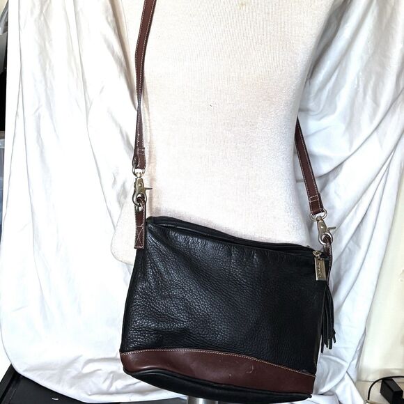Tignanello Handbags - Tignanello Black Pebbled Leather Crossbody Bag Brown Trim Shoulder Purse.